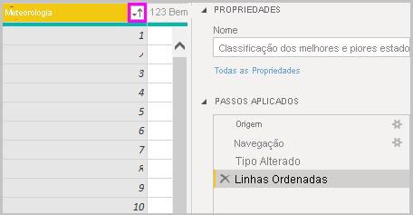 Captura de ecrã do Ambiente de Trabalho do Power B I a mostrar as Linhas Ordenadas que aparecem em Passos Aplicados.