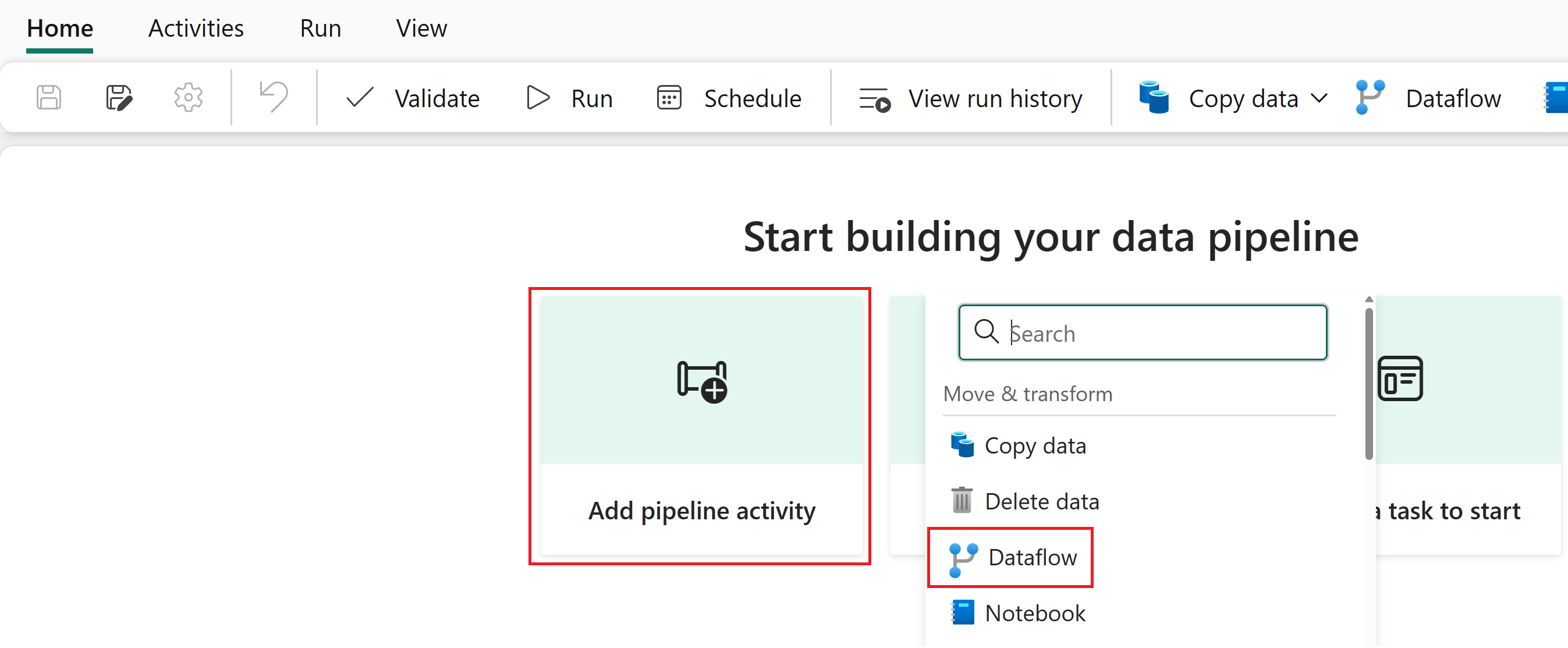 Captura de tela da tela da marca d'água do pipeline e da opção Adicionar atividade.