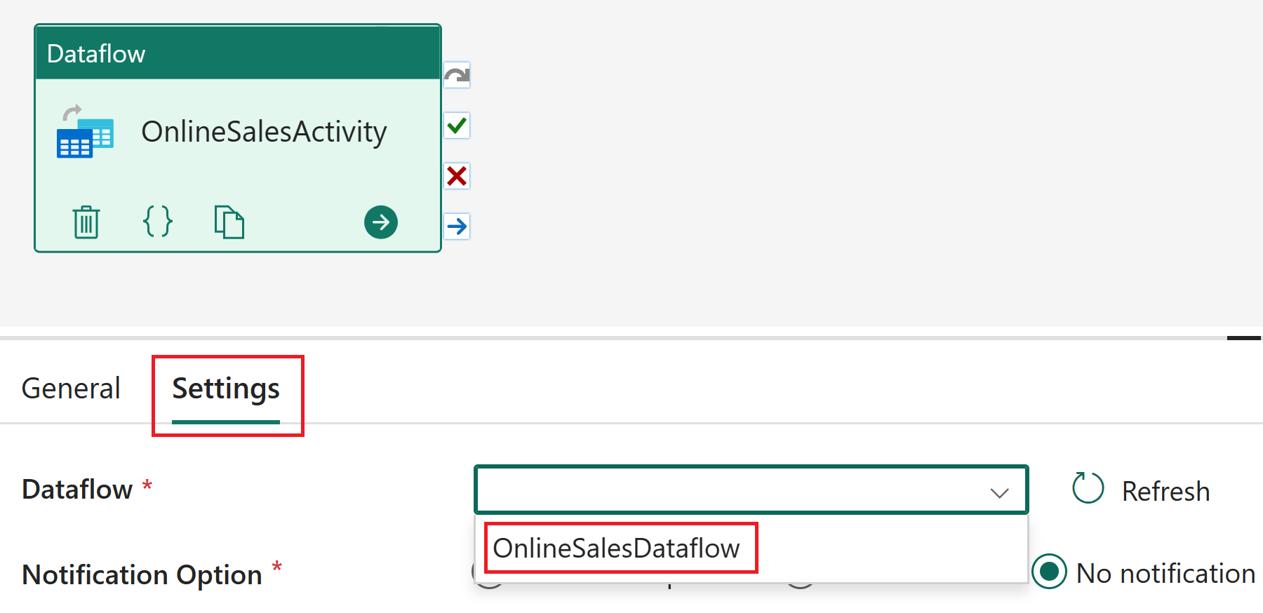 Captura de tela da configuração de seleção de fluxo de dados.