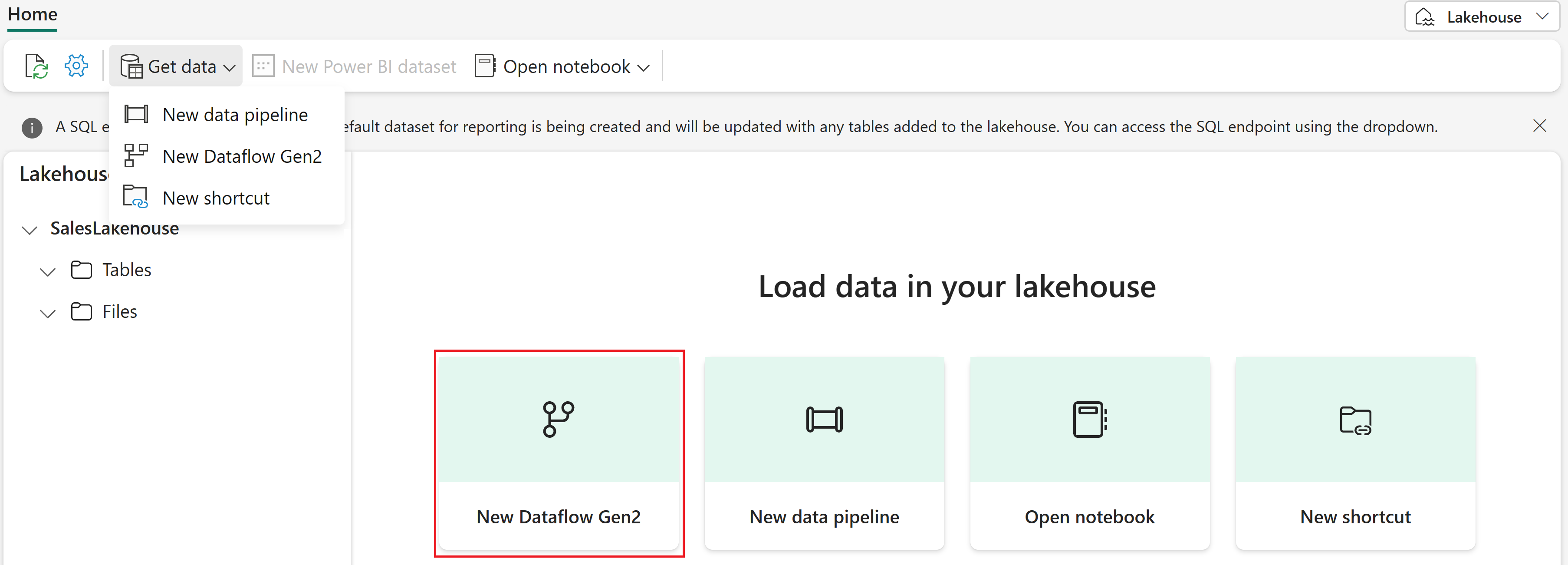 Captura de tela da lista suspensa Obter dados no editor Lakehouse.