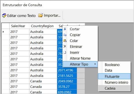 Screenshot of the Change data type options.