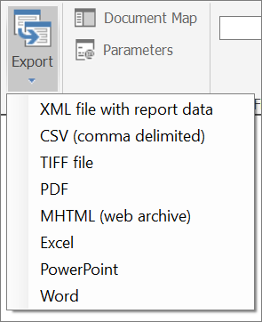 Captura de ecrã das opções de Exportação do Construtor de Relatórios do Power BI.