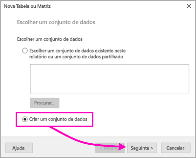 Captura de tela mostrando onde encontrar a opção Criar um conjunto de dados.