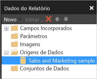 Captura de tela do painel Dados do Relatório com o conjunto de dados listado em Fontes de Dados.