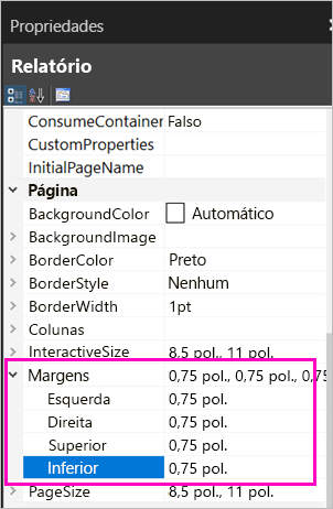 Captura de ecrã das propriedades da margem da página.