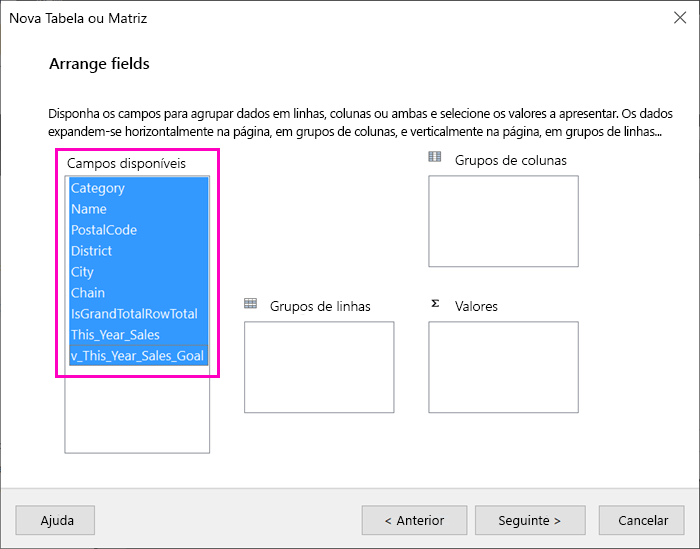 Captura de ecrã dos campos disponíveis no Assistente de Tabela.