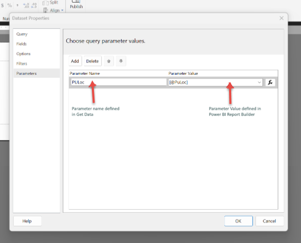 Captura de ecrã a mostrar parâmetros nas propriedades do conjunto de dados no Construtor de Relatórios do Power BI.