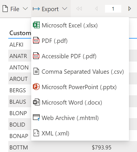 Captura de ecrã da lista de formatos de exportação disponíveis.