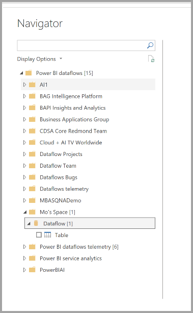 Captura de ecrã do Navegador no Power BI Desktop a escolher fluxos de dados aos quais ligar.