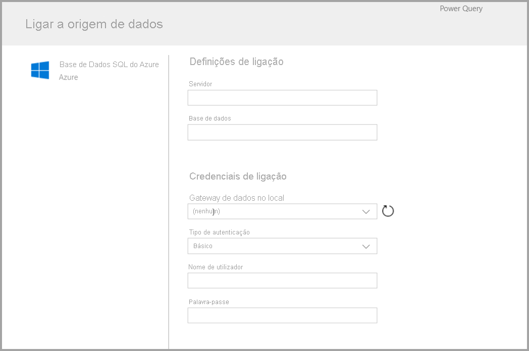 Captura de ecrã do formulário apresentado depois de escolher o SQL do Azure como conector.