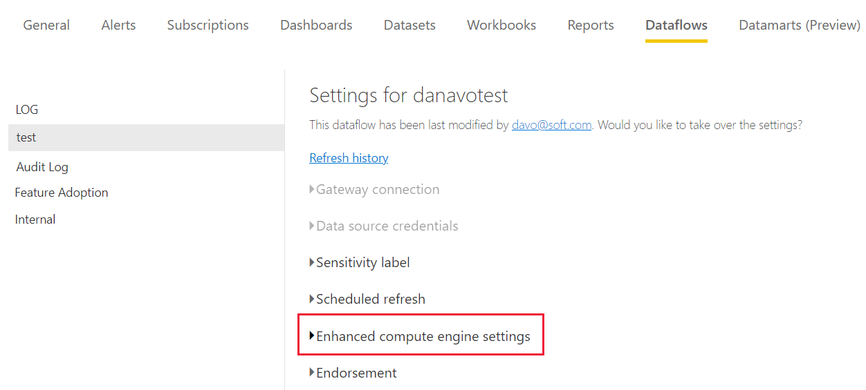 Captura de tela de uma página de configurações de fluxo de dados com a configuração de configurações aprimoradas do mecanismo de computação realçada.