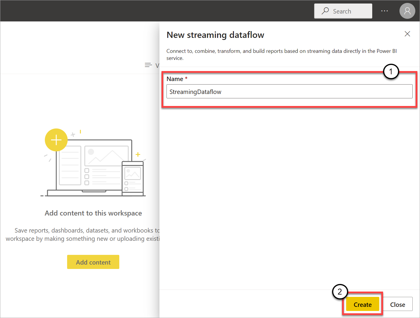 Captura de tela do novo painel de fluxo de dados de streaming com nome e criação realçados.