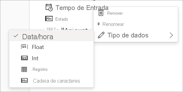 Captura de tela que mostra as opções de remoção, renomeação e tipo de dados para dados de entrada.