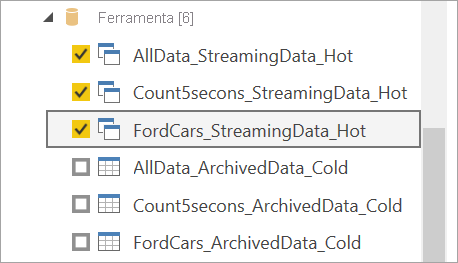 Captura de tela que mostra tabelas de saída a quente selecionadas para fluxos de dados de streaming no Power BI Desktop.