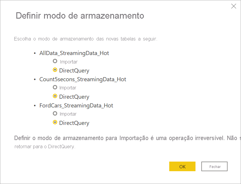 Captura de tela que mostra o modo de armazenamento selecionado para fluxos de dados de streaming no Power BI Desktop.