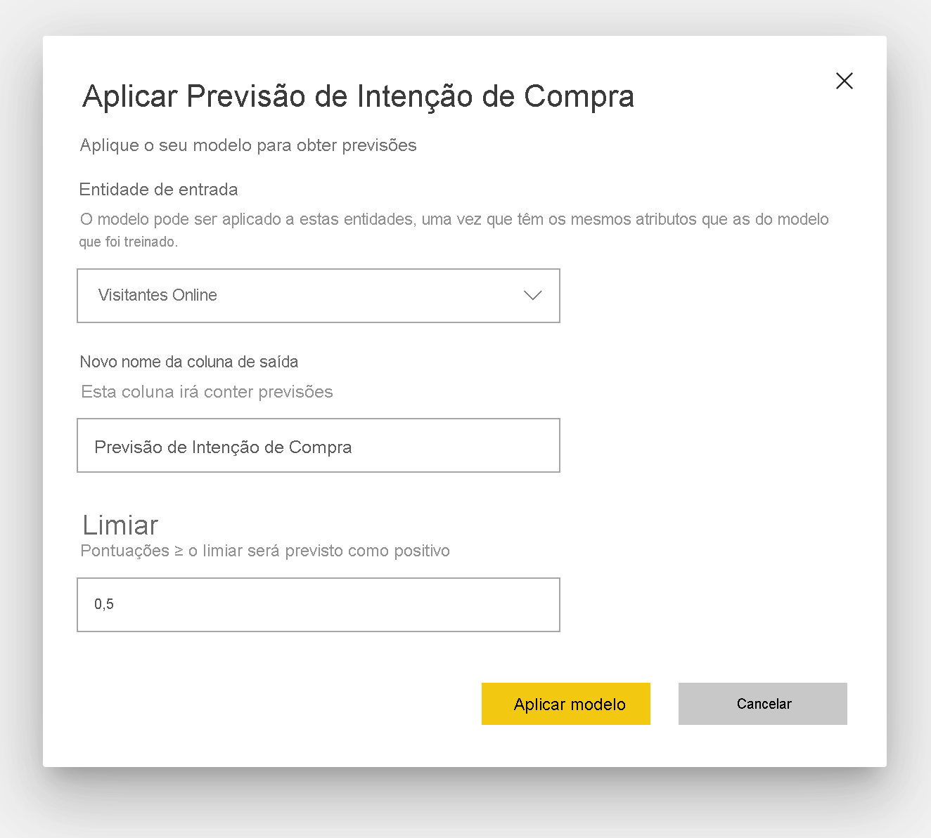 Captura de ecrã da caixa de diálogo Aplicar Previsão de Intenção de Compra.