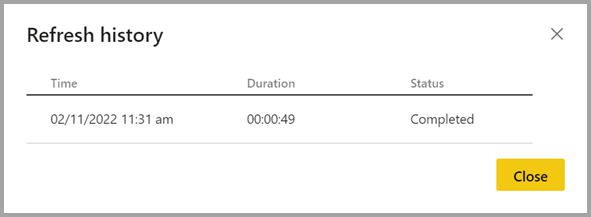 Captura de tela da janela do histórico de atualização do datamart.