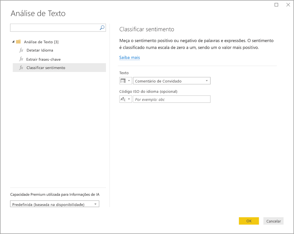 Screenshot of the Text analytics dialog box showing the Score sentiment function.