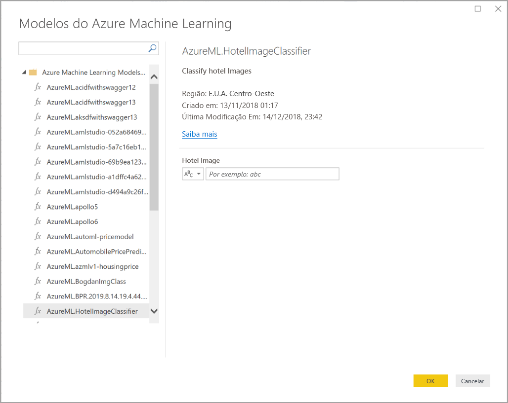 Screenshot of the Azure Machine Learning Models dialog box.