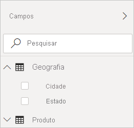 Captura de ecrã do Power BI Desktop a mostrar o filtro Geografia na área de campos.