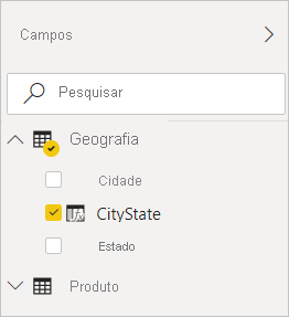 Captura de ecrã do Power BI Desktop a mostrar CityState marcado no filtro de Geografia na vista Campos.