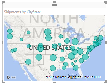 Captura de ecrã do Power BI Desktop a mostrar dados representados num visual de Mapa.