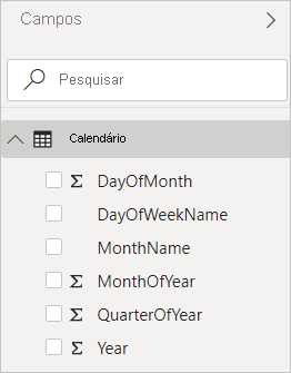 Captura de ecrã do Power BI Desktop a mostrar colunas calculadas na vista de Campos.