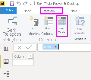 Captura de ecrã do friso do menu do Power BI Desktop com as ferramentas Tabela, Nova tabela e Vista de tabela realçadas.