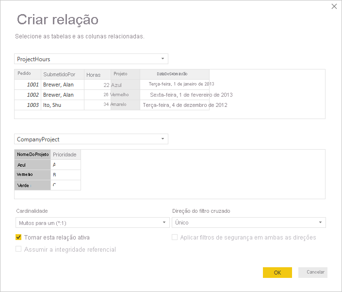 Captura de ecrã da caixa de diálogo Criar relação.