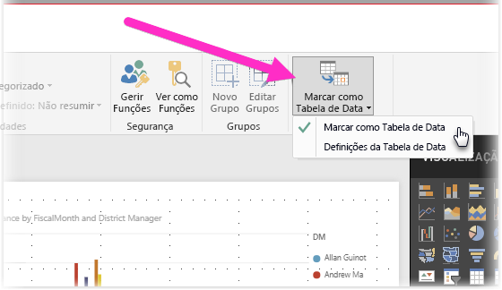 Captura de ecrã do Power BI Desktop a mostrar o botão Marcar como tabela de data e o filtro de opções.