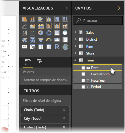 Captura de ecrã do Power BI Desktop a mostrar o filtro Data no painel Campos.