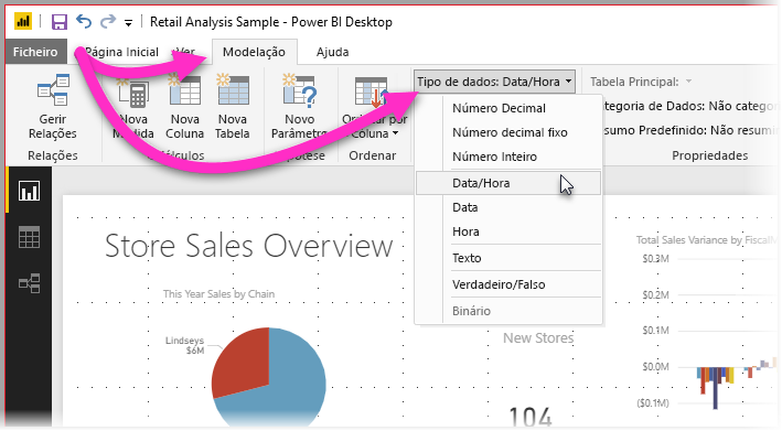 Captura de ecrã do Power BI Desktop a mostrar o separador Modelação com o filtro Tipo de Dados selecionado.