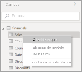 Captura de ecrã do menu de contexto original de um campo no Power BI Desktop.