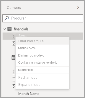 Captura de ecrã do novo menu de contexto de um campo no Power BI Desktop.