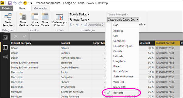 Captura de ecrã do Power BI Desktop a mostrar o separador Ferramentas de coluna na vista Tabela. A lista suspensa Categoria de dados é selecionada e Código de barras é realçado.