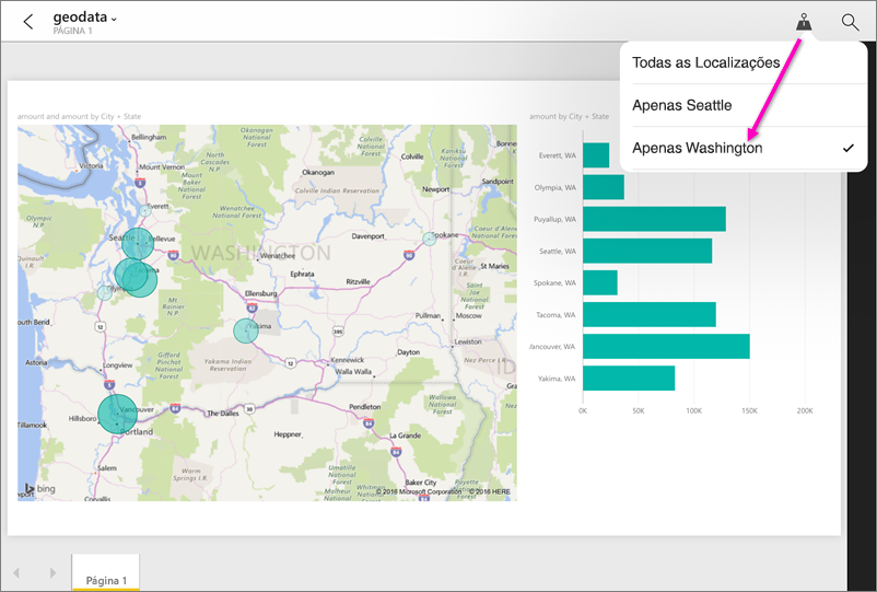 Captura de ecrã de um relatório na aplicação Power BI a realçar o filtro geográfico.