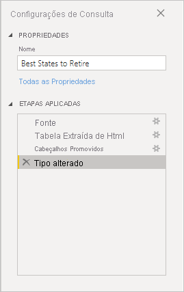 Captura de ecrã do Power BI Desktop a mostrar as Definições de Consulta no painel direito.