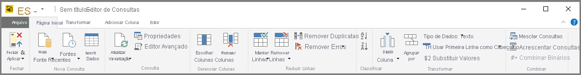 Captura de ecrã do Power BI Desktop a mostrar o friso de consulta do Editor do Power Query.
