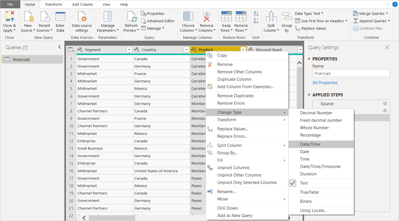 Captura de ecrã do Power BI Desktop a mostrar Dados no painel central.