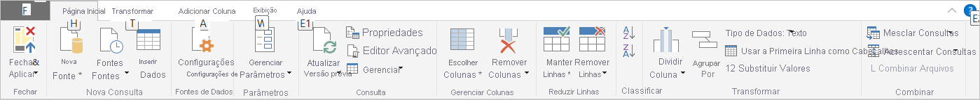 Captura de ecrã do Power BI Desktop a mostrar o separador Transformar.