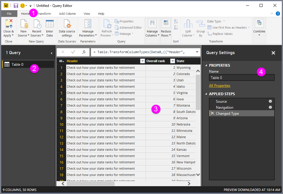 Captura de ecrã do Power BI Desktop a mostrar o painel Definições de Consulta no Editor do Power Query.