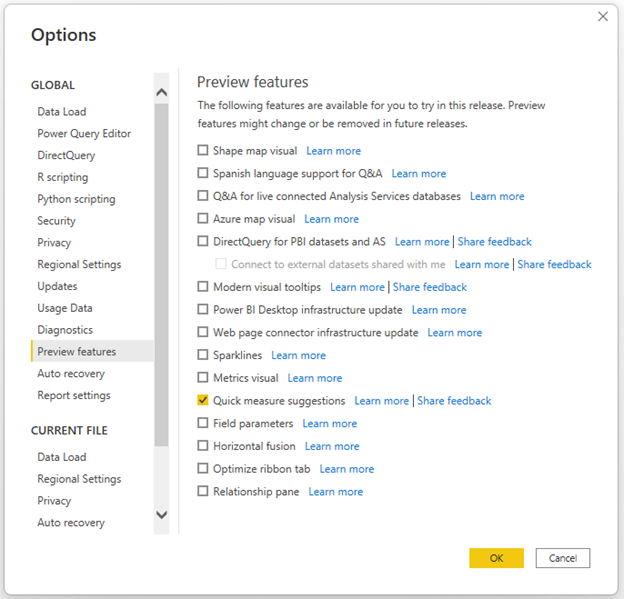 Captura de ecrã de como ativar a pré-visualização a partir do menu de opções do Power BI Desktop.