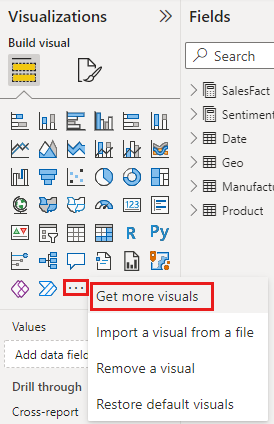 Captura de ecrã da opção Obter mais elementos visuais no painel Visualizações.