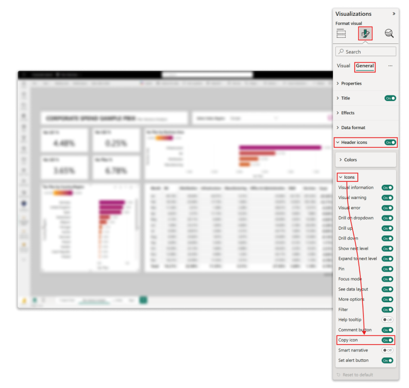 Imagem do serviço do Power BI destacando o local do 'ícone Copiar' selecionado.