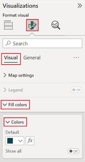 Captura de ecrã que mostra como mudar para o painel Formatar e ver as opções Cores de preenchimento.