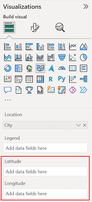 Captura de ecrã que mostra como definir as opções de latitude e longitude para um mapa preenchido no Power BI.