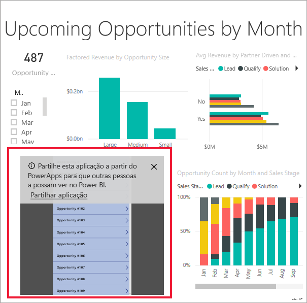 Captura de ecrã a mostrar o visual do Power Apps no relatório do Power BI.