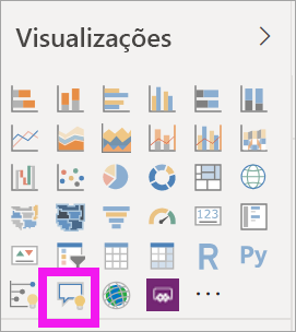 Captura de ecrã que mostra como selecionar o visual de Perguntas e Respostas no painel visual Criar Visualizações > no Power BI.