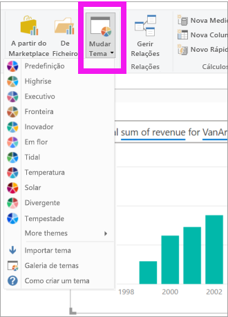 Captura de ecrã que mostra como selecionar o menu pendente Temas no Power BI Desktop.