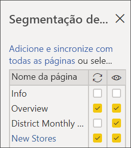 Captura de ecrã de Selecionar páginas nas segmentações de dados de sincronização.